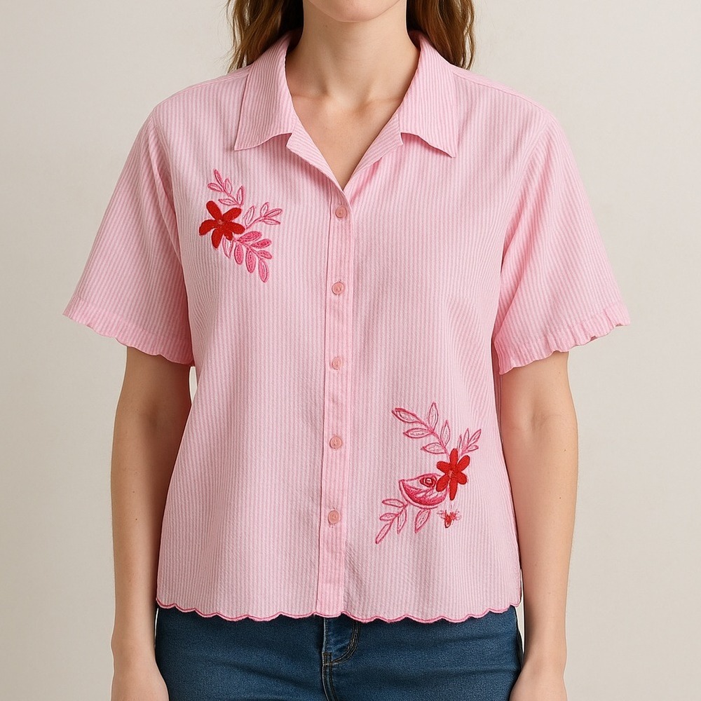 Koret 22W Pink Seersucker Button Down Blouse Floral Embroidery Scalloped Hem